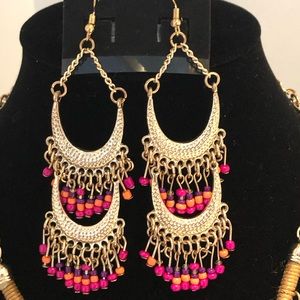 Gold, Pink & Orange Beaded Tassel Earrings